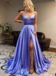 A Line Spaghetti Straps Satin Lace Up Prom Dresses with Slit