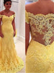Mermaid Off the Shouler Side Zipper Yellow Tulle Prom Dress  with Appliques