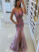 Mermaid Embroidery Straps Slit Beading Chiffon Prom Dresses