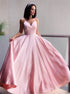 A Line V Neck Satin Pleats Sleeveless Prom Dresses LBQ3369