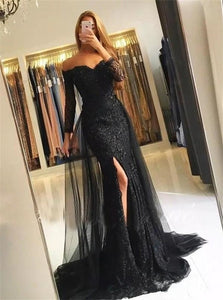 Off the Shoulder Lace Mermaid Prom Dresses with Slit