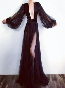 Sweep Train Black Evening Dresses with Slit