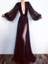 A Line V Neck Black Tulle Long Sleeves Prom Dress with Split LBQ3475