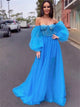 A Line Tulle Beading Off the Shoulder Long Sleeves Prom Dresses