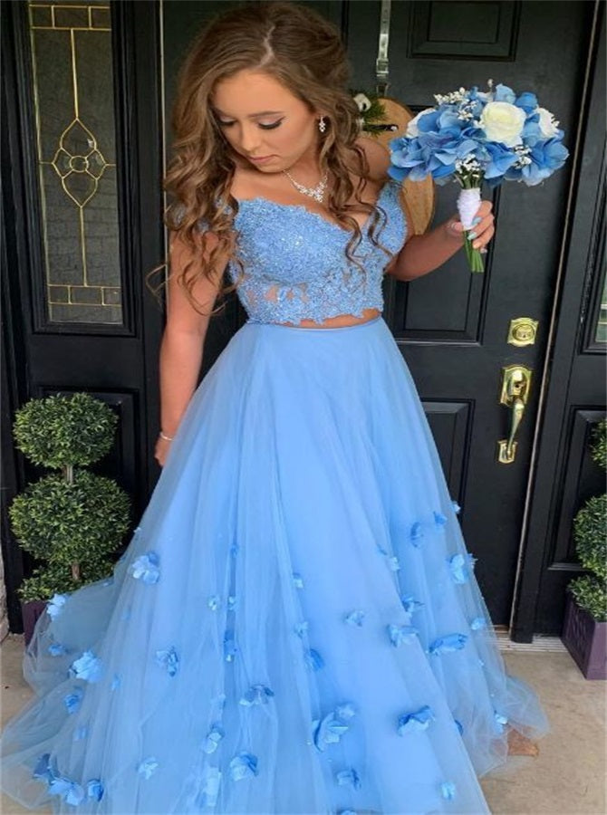A Line Lace Bodice Flowers V Neck Tulle Prom Dresses| Alinepromdress A Line Lace Bodice Flowers V Neck Tulle Prom Dresses| Alinepromdress