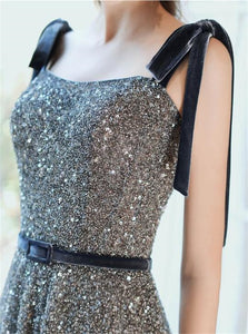 A Line Square Neck Sequins Tulle Prom Dresses