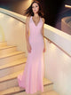 Mermaid Sleeveless V Neck Satin Lace Pink Prom Dresses 