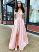 A Line Off The Shoulder Satin Pink Prom Dresses with Slit 