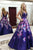 A Line V Neck  Printed Satin Backless Prom Dresses with Beadings 