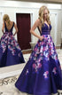 A Line V Neck  Printed Satin Backless Prom Dress with Beading LBQ3297
