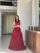 A Line Two Pieces Scoop Burgundy Tulle Appliques Prom Dresses
