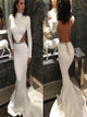 High Neck Mermaid Long Sleeve Backless White Prom Dress LBQ3789