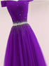 A Line Purple Off the Shoulder Tulle Rhinestone Prom Dress LBQ3556