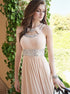 A Line Bateau Beading Chiffon Floor Length Open Back Prom Dresses LBQ3434