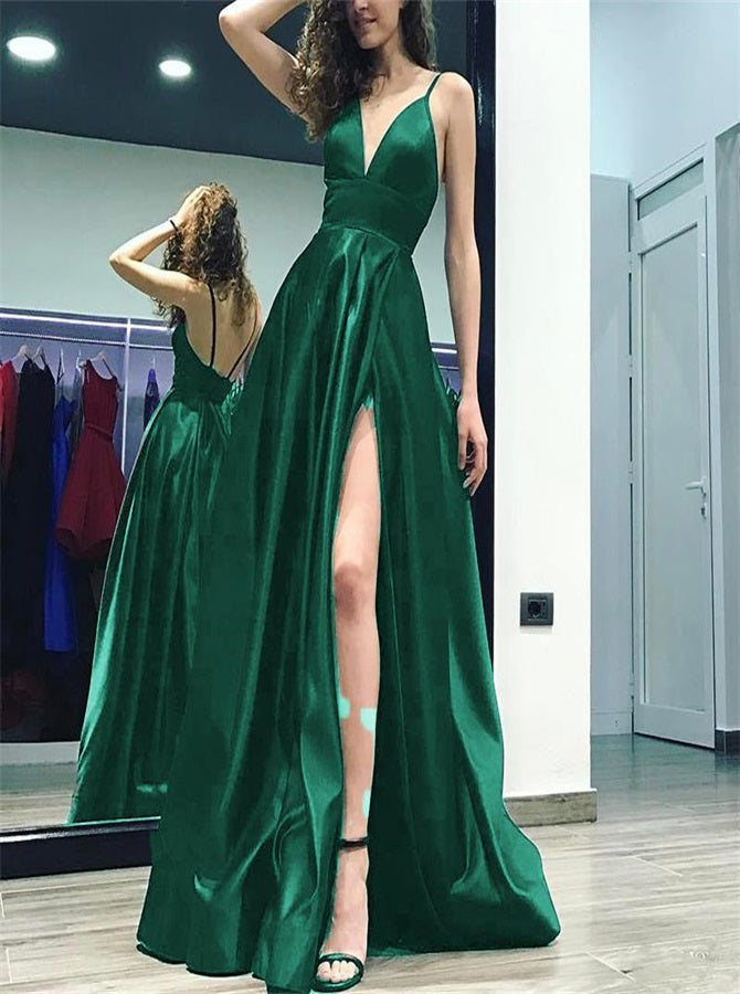A Line Spaghetti Straps V Neck Satin Prom Dresses with Slit | Alinepromdress A Line Spaghetti Straps V Neck Satin Prom Dresses with Slit | Alinepromdress