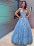 A Line V Neck Tulle Applique Floor Length Prom Dresses LBQ3357