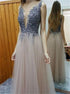 A Line V Neck Tulle Beading Open Back Pink Prom Dress LBQ3792