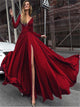 A Line V Neck Long Sleeves Satin Red Prom Dresses