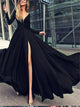 Sweep Train Black Evening Dresses with Slit