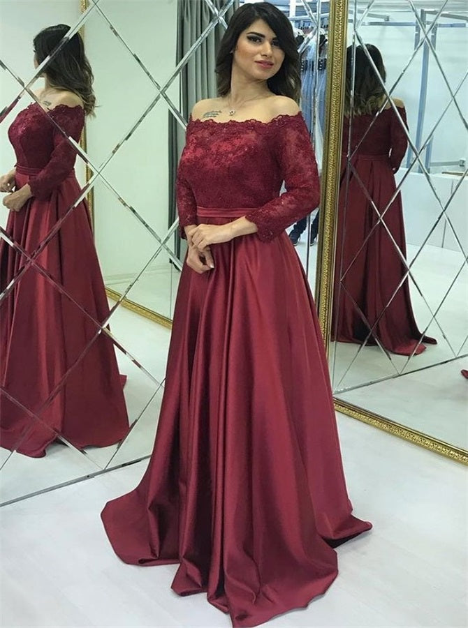 A Line Off the Shoulder Long Sleeves Lace Satin Prom Dresses | Alinepromdress A Line Off the Shoulder Long Sleeves Lace Satin Prom Dresses | Alinepromdress