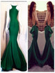Mermaid Scoop Backless Emerald Green Satin Pleats Prom Dresses