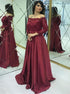 A Line Off the Shoulder Long Sleeves Lace Satin Prom Dresses LBQ3598