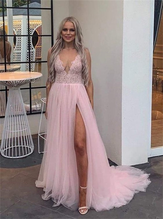Vampal A Line Pink V Neck Cap Sleeve Beading Applique Tulle Prom Dress