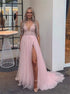 A Line Pink V Neck Tulle Appliques Prom Dress with Slit LBQ3485