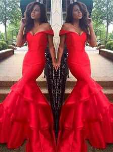 Mermaid Off the Shoulder Satin Ruffles Prom Dresses