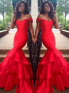 Mermaid Off the Shoulder Satin Ruffles Prom Dresses