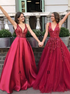 A Line V Neck Tulle Prom Dress Appliques Beading LBQ3561