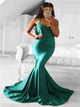 Mermaid Spagehtti Straps V Neck Satin Criss Cross Pleats Prom Dresses