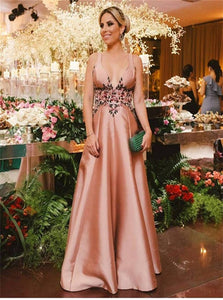 A Line V Neck Appliques Satin Prom Dresses 