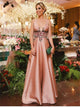 A Line V Neck Appliques Satin Prom Dresses 