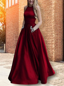 A Line Halter Beading Open Back Satin Prom Dresses with Pockets 