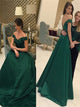 A Line Emerald Green Off Shoulder Satin Beadings Prom Dresses
