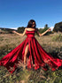 A Line Spaghetti Straps Satin Red Prom Dresses with Split LBQ3599