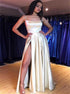 A Line Spaghetti Straps Satin Champagne Prom Dresses with Split LBQ3600