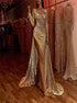 One Shoulder Mermaid Sequins Golden Prom Dresses with Slit LBQ3505