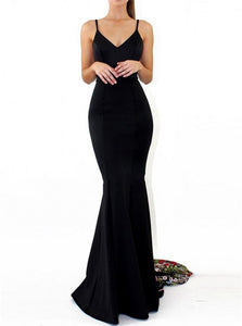 Mermaid Spaghetti Straps Backless Sexy Black Satin Prom Dresses