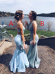 Light Blue Scoop Mermaid Satin Prom Dresses 