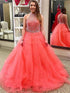 Ball Gown Sleeveless Halter Beading Floor Length Tulle PromDresses LBQ3464