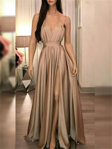 A Line Satin Pleats Spaghetti Straps  Prom Dresses with Slit