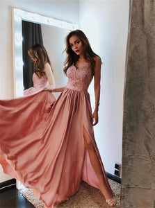 A Line Pink Chiffon Spaghetti Straps Appliques Prom Dresses