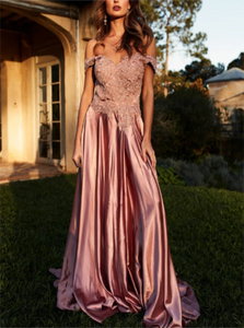 A Line Off the Shoulder Satin Appliques Prom Dresses