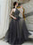 Dark Grey Beadings Tulle Long Prom Dresses