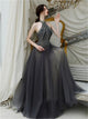 Dark Grey Beadings Tulle Long Prom Dresses