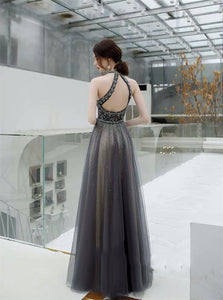 A Line Floor Length Open Back Sleeveless Prom Dresses