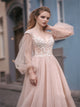 V Neck Long Sleeves Prom Dresses with Sweep Train 
