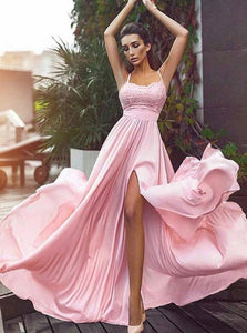  Pink A Line Spaghetti Straps Lace Chiffon Prom Dresses with Slit